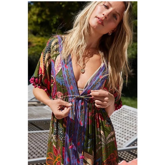 Farm Rio Cover Up Dress Leaves Tassels Pom Caftan Kimono - Picture 3 of 7